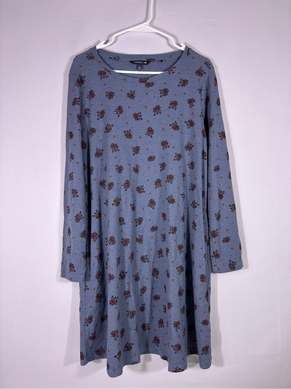 Toad&Co Blue Floral Waffle Knit Swing Dress Cottagecore Organic Cotton Large 634
